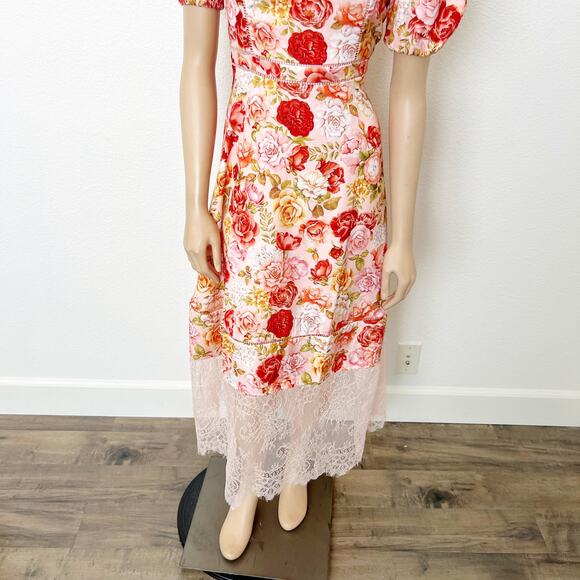 [Rachel Parcell] Pink Rose Floral Puff Sleeve Lace Trim Spring Midi Dress NWT 8 - Picture 9 of 12